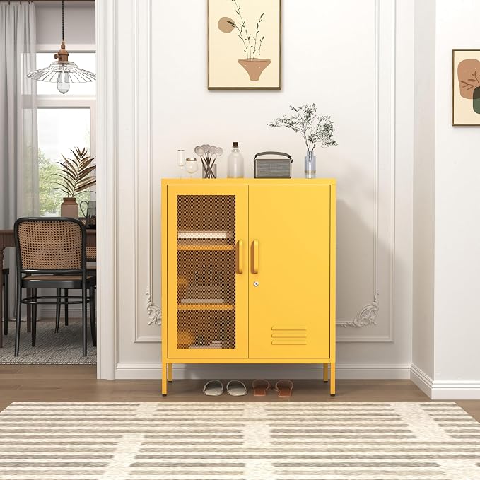 33" Metal Storage Cabinet with 2 Tier Removable Shelves Yellow Lockable Metal Bathroom Vanity Freestanding Sideboard with Mesh Doors for Home Living Room Bedroom Size：33" H X 29.5" W X 13.8" D