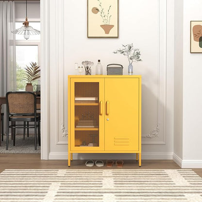 33" Metal Storage Cabinet with 2 Tier Removable Shelves Yellow Lockable Metal Bathroom Vanity Freestanding Sideboard with Mesh Doors for Home Living Room Bedroom Size：33" H X 29.5" W X 13.8" D