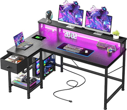 DurayLoly 40" L- Shaped Gaming Desk with LED Lights & Power Outlet,Gaming Desk with Monitor Stand for Gamer,Home Office Desk with Drawer for Student Study Room,Bedroom,Small Working Room,Black
