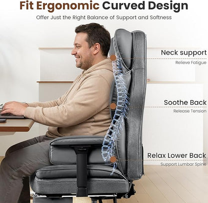 BESTFAIR Big and Tall Office Chair - High Back Executive Chair with Footrest & Lumbar Support for Heavy People, Adjustable Arms, Padded Wide Seat Computer Gaming Chair, Heavy Duty, Gray 2 Pack
