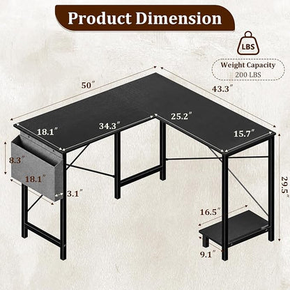 Alpen L Shaped Desk, 50 Inch Computer Desk, Gaming Table Corner Desk for Small Space, Home Office Desk with CPU Stand and Side Storage Bag, Sturdy Writing Workstation for Bedroom, Black
