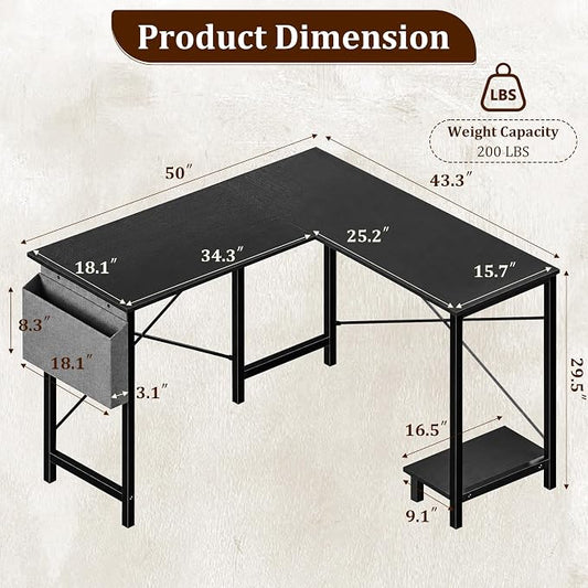 Alpen L Shaped Desk, 50 Inch Computer Desk, Gaming Table Corner Desk for Small Space, Home Office Desk with CPU Stand and Side Storage Bag, Sturdy Writing Workstation for Bedroom, Black