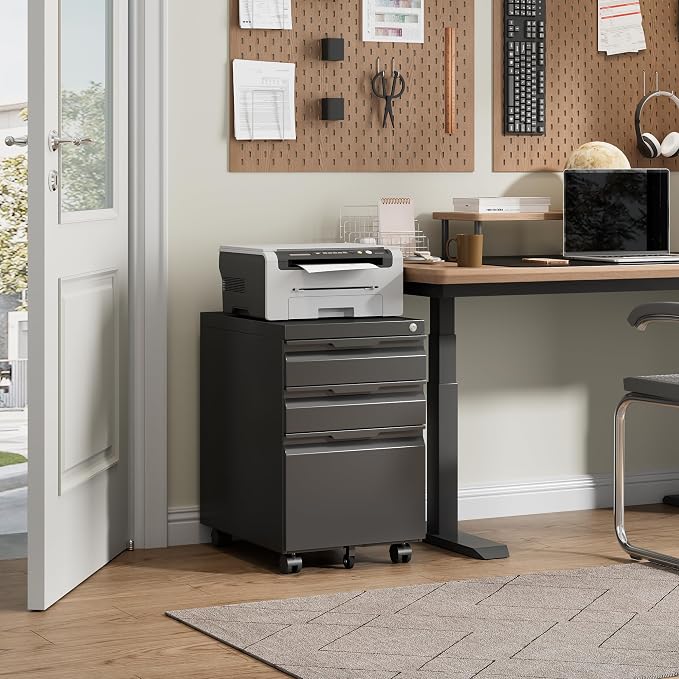 Locking File Cabinet 3 Drawers on Wheels Under Desk, Metal Filing Cabinets for Home Office, A4, Letter-Size Files, Hanging File Folders-Black