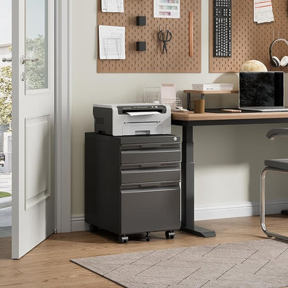 Locking File Cabinet 3 Drawers on Wheels Under Desk, Metal Filing Cabinets for Home Office, A4, Letter-Size Files, Hanging File Folders-Black