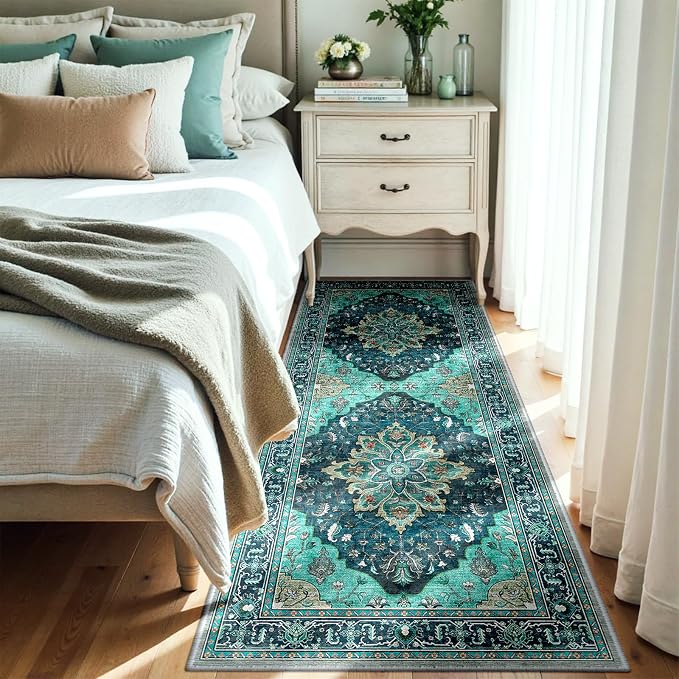 RELEANY Area Rugs Runner 3'x8' Washable Non-Slip, Floral Vintage Distress Medallion Carpet for Kitchen Hallway Bedroom Beside Laundry Room Bathroom, Teal Green Lake Blue Turquoise
