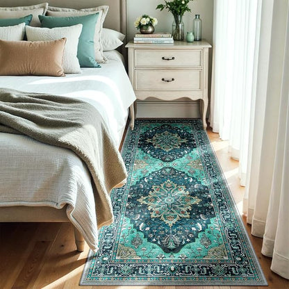 RELEANY Area Rugs Runner 3'x8' Washable Non-Slip, Floral Vintage Distress Medallion Carpet for Kitchen Hallway Bedroom Beside Laundry Room Bathroom, Teal Green Lake Blue Turquoise