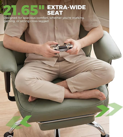 GTPLAYER Big and Tall Office Chair, High Back Computer Gaming Chair with Ergonomic Lumbar Support &Pocket Spring Cushion for Lower Back Pain Relief, Leather Executive Chair with Foot Rest, Green