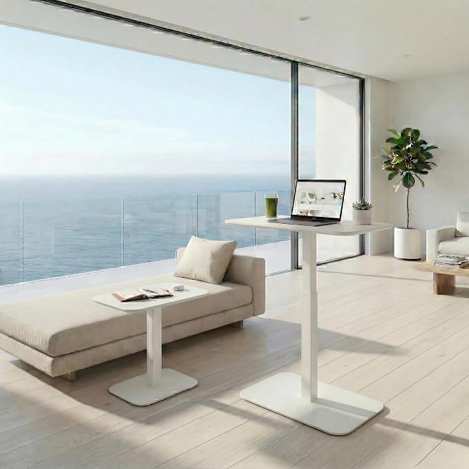 Elevance Height Adjustable Side Table, White Base, Cloud White Top | Sofa Laptop Table for Couch & Bed | Small C-Shape End Table for Home or Office