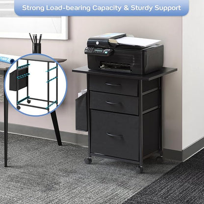 Printer Stand with 3 Fabric Drawer, Mobile File Cabinet for Home Office with Storage Bag, Rolling Under Desk Organizer Shelf, Fits A4 or Letter Size, Complete Top Plate Fast Assembly (Night Black)