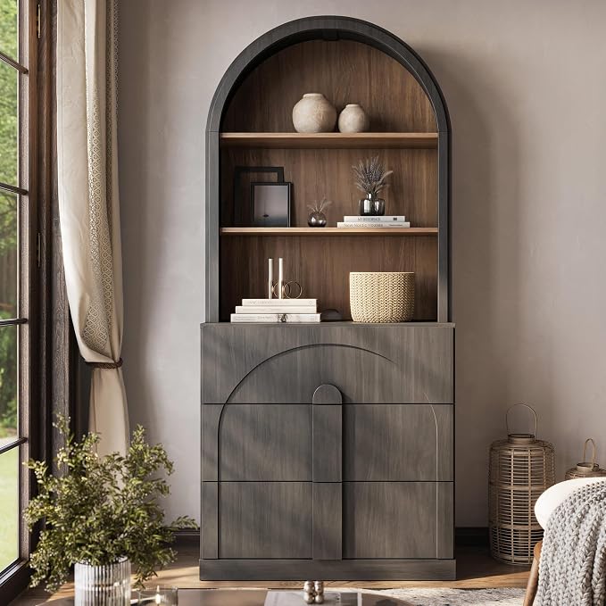 BELLEZE 71" Tall Storage Cabinet with 3 Drawers, Wooden Sideboard Buffet Cabinet with Hutch for Pantry and Kitchen Organizing, 5-Tier Modern Storage Unit for Living Room Home Office, Ebony