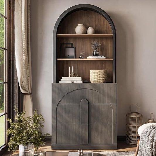 BELLEZE 71" Tall Storage Cabinet with 3 Drawers, Wooden Sideboard Buffet Cabinet with Hutch for Pantry and Kitchen Organizing, 5-Tier Modern Storage Unit for Living Room Home Office, Ebony
