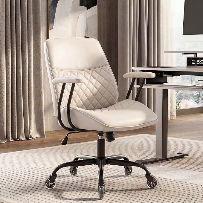 NEO CHAIR Ergonomic Leather Office Desk Chair with Adjustable Armrests Mid Back Lumbar Support Swivel Executive Computer Chair with Wheels Comfy Home Office Chair for Adults (Ivory)