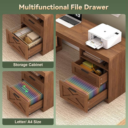 YOMILUVE Farmhouse L Shaped Standing Desk, 66 inch Corner Electric Standing Desk with Drawers ＆ Storage Shelves, Height Adjustable Computer Desk with Power Outlets for Home Office (Brown)