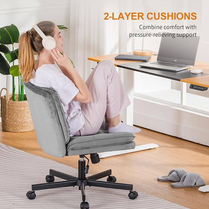 COMHOMA Cross Legged Office Chair with Wheels Armless-Office Desk Chair, Modern Vanity Computer Task Chairs for Home Bedroom, Comfortable Wide Seat for Lower Back Pain Relief, Soft Velvet, Gray