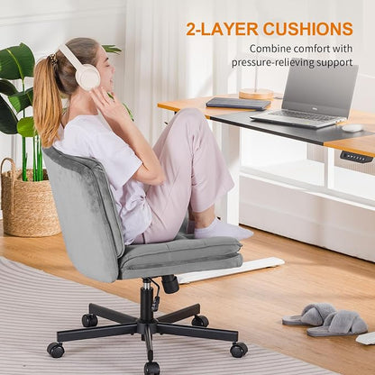 COMHOMA Cross Legged Office Chair with Wheels Armless-Office Desk Chair, Modern Vanity Computer Task Chairs for Home Bedroom, Comfortable Wide Seat for Lower Back Pain Relief, Soft Velvet, Gray