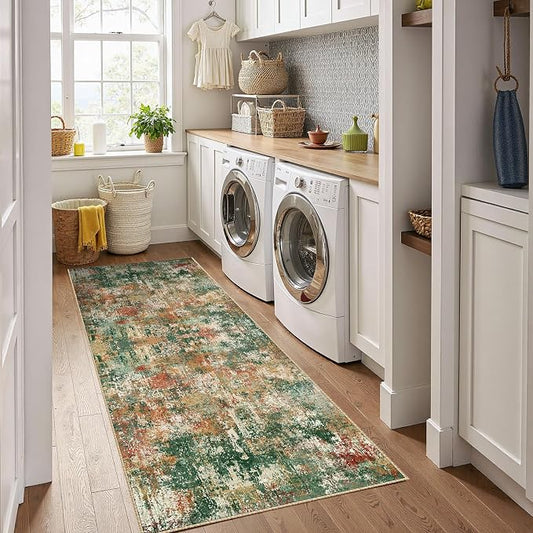 RELEANY Washable Area Rugs 2'x6' Non-Slip Modern Abstract Soft for Living Room Entryway Bedroom Kitchen, Print Pattern, Green Orange Rust Red Cream Colorful