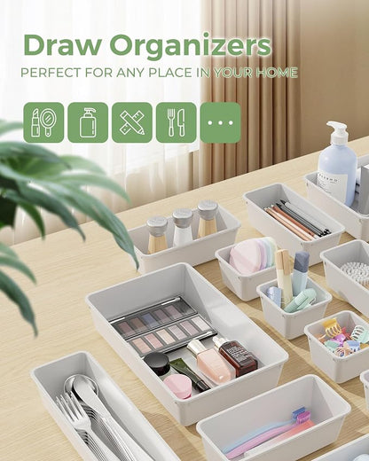 BiuLeon 25 PCS Plastic Drawer Organizers Set, 4-Sizes Vanity and Makeup Organizer, Desk and bathroom Drawer Organizer Trays, Organizers and Storage for Makeup, Jewelry, Gadgets, Utensils (White)