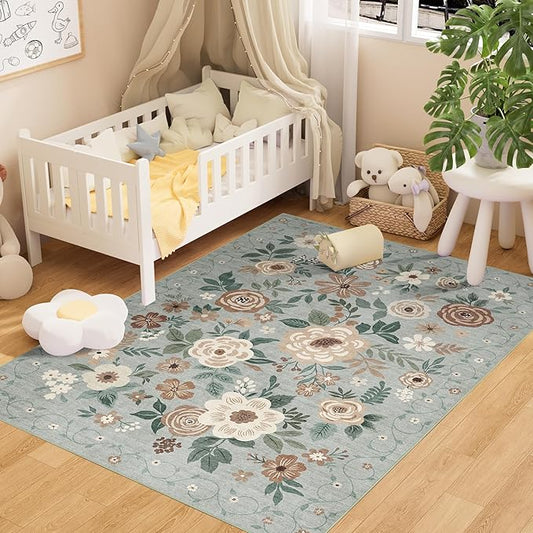 DUKINO 3x5 Area Rug, Floral Rugs for Living Room, Lightweight Non Slip Washable Rug, Indoor Low Pile & Non-Shedding Boho Design Rugs for Bedroom, Living Room, Dining Room, Sage Green