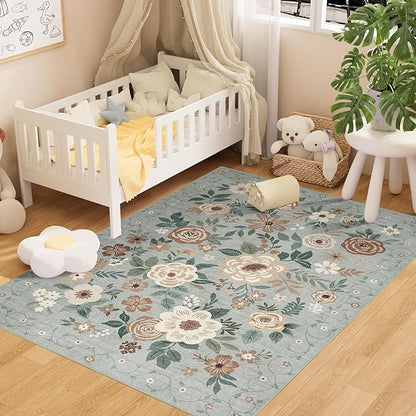 DUKINO 4x6 Feet Office Chair Mat, Lightweight Non Slip Washable Floral Area Rug, Indoor Low Pile & Non-Shedding Boho Design Rugs for Bedroom, Living Room, Dining Room, Sage Green