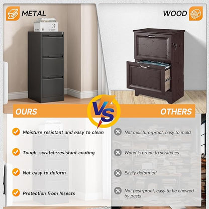 Bestoo 3 Drawer File Cabinet with Lock, Filing Cabinets, Metal Vertical Filing Cabinets for Home Office, File Storage Cabinet for Letter/Legal/A4/F4 Size File, Easy Assembly