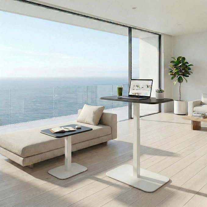 Elevance Height Adjustable Side Table, White Base, Carbon Black Top | Sofa Laptop Table for Couch & Bed | Small C-Shape End Table for Home or Office