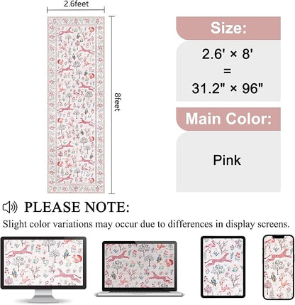 DUKINO 2.6x8 Rug for Hallway, Washable Kitchen Runner Rug with Non Slip Backing, Soft Low Pile Vintage Animal Runner for Bedroom, Kitchen, Hallway, Entryway, Laundry, Pink