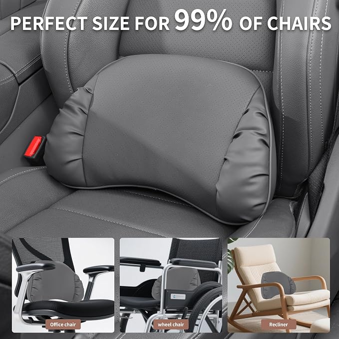 Lumbar Support Pillow for Car Seat, Memory Foam Leather Lumbar Pillow for Lower Back Pain Relief - Back Cushion for Driving - Chair Support for Office Chair, Gaming Chair, Gray, 1 Pack