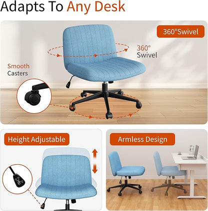 Criss Cross Chair with Wheels, Cross Legged Office Chair, Armless Office Chairs Adjustable Height Swivel Tilting Fabric Vanity Chairs for Home Bedroom (Blue)