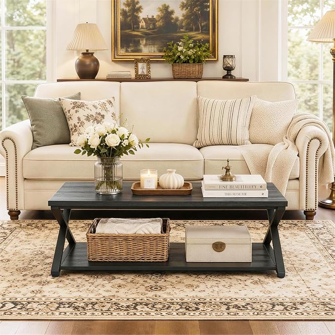 Coffee Table for Living Room, 2 Tier Rectangular Tea Table, Industrial Center Table forBedroom Home Office, Black,47 Inch