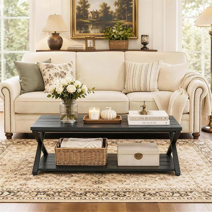 Coffee Table for Living Room, 2 Tier Rectangular Tea Table, Industrial Center Table forBedroom Home Office, Black,47 Inch