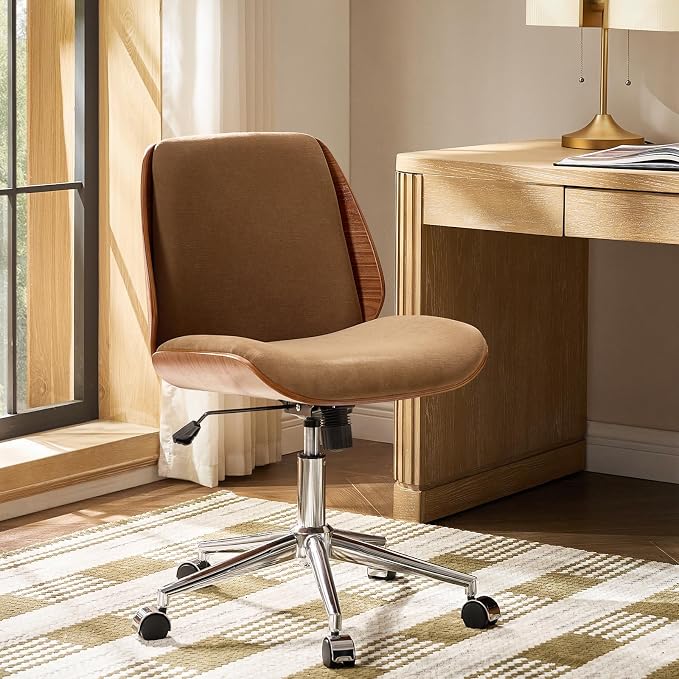 HULALA HOME Fabric Home Office Chair with Bent Wood Design & Rocking Tilt Function, Modern Swivel Desk Chair with Adjustable Height, Comfy Upholstered Armless Computer Task Chair, Caramel