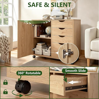 5 Drawer Wood Storage cabinets, Chest of Drawers for Home Office, Printer Stand with Adjustable Shelf (Natural)