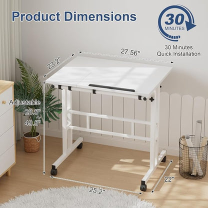 VECELO Mobile Small Standing Desk Adjustable Height, Computer Workstations with Tiltable Tabletop, Lockable Wheels, Portable Rolling Laptop Desk for Home Office, White