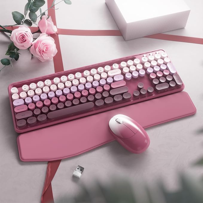 Wireless Keyboard and Mouse, Colorful 104-Key QWERTY with Round Keys, Phone Holder, Wrist Rest, Power Buttons, 2.4GHz USB for PC Laptop (Rose Red Gradient)