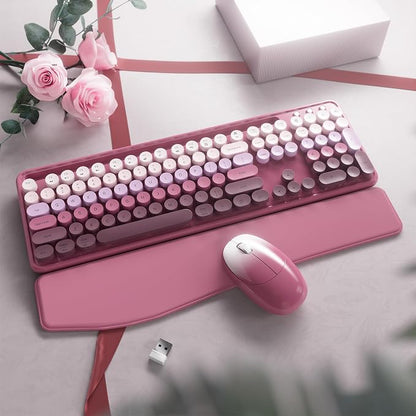 Wireless Keyboard and Mouse, Colorful 104-Key QWERTY with Round Keys, Phone Holder, Wrist Rest, Power Buttons, 2.4GHz USB for PC Laptop (Rose Red Gradient)