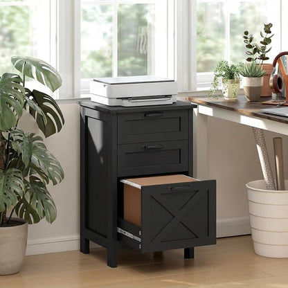 HOMCOM 3 Drawer File Cabinet with Silent Slides, Vertical Filing Cabinet for Hanging A4/Letter Size, Rustic Farmhouse Printer Stand with Storage for Home Office, Distressed Black