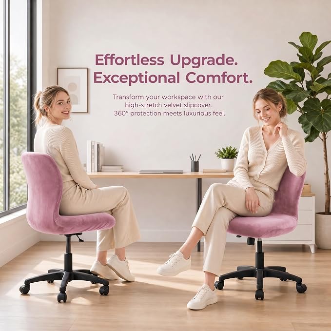 Deisy Dee Velvet Stretch Armless Office Chair Covers - Colorful Stretch Slipcover for Desk Chairs (Pink)