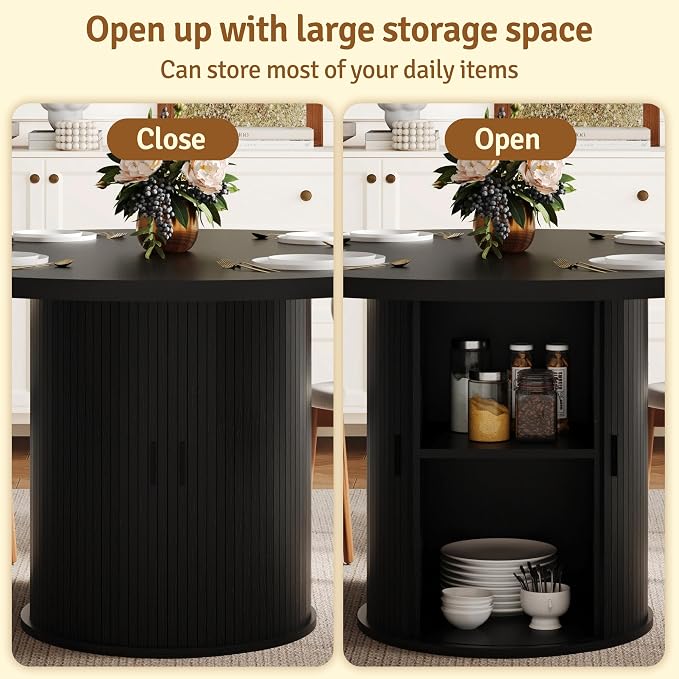 47 inch Round Dining Table for 4-6, Dinner Table with 2-Layer Storage Shelf, Morden Circle Kitchen Table with Wooden Strip Base and Wood Slide Door for Home Dining Room, Living Room, Black
