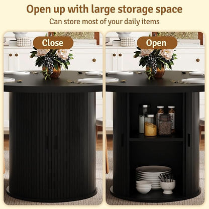 47 inch Round Dining Table for 4-6, Dinner Table with 2-Layer Storage Shelf, Morden Circle Kitchen Table with Wooden Strip Base and Wood Slide Door for Home Dining Room, Living Room, Black