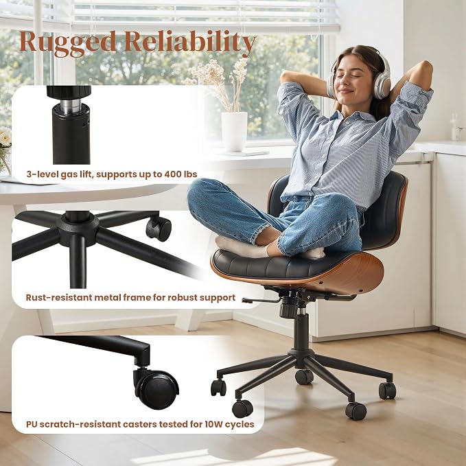 Home Office Desk Chair with Wheels, Adjustable Height Armless Desk Chairs, PU Leather Mid Back 360° Small Computer Chair for Study Meeting Makeup Room (Black Stripe)