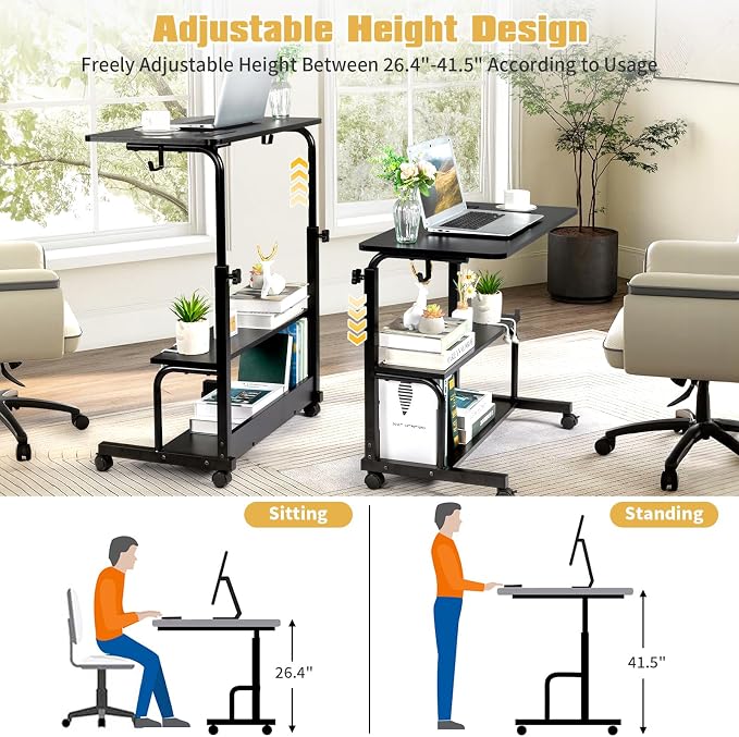 Karl home 31.5" Portable Rolling Desk on Wheels,Height Adjustable Standing Desk with 2 AC Outlets/3 USB Ports,Mobile Laptop Table with Hooks and Storage Shelves for Home Office，Black