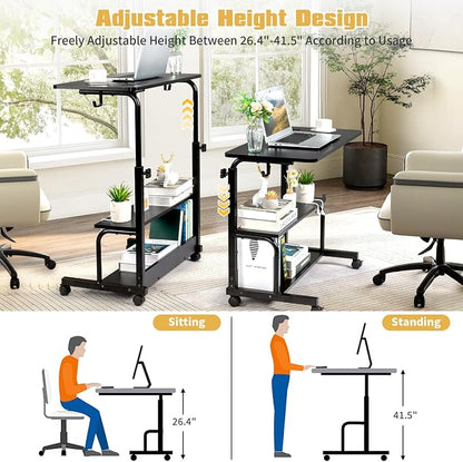 Karl home 31.5" Portable Rolling Desk on Wheels,Height Adjustable Standing Desk with 2 AC Outlets/3 USB Ports,Mobile Laptop Table with Hooks and Storage Shelves for Home Office，Black