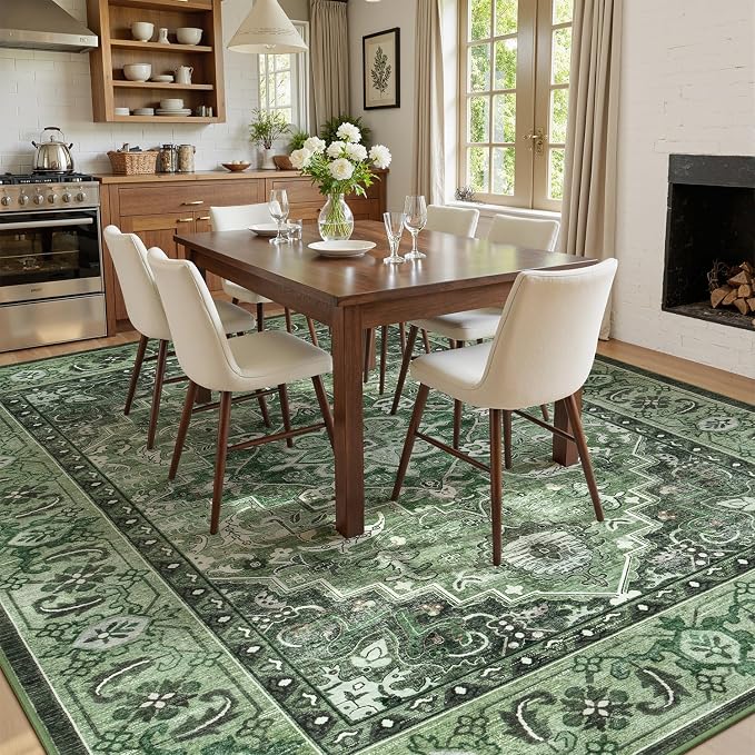 Lofus 5x7 Washable Rugs Non-Slip, Vintage Floral Area Rug for Living Room Bedroom Dining Room Kitchen, Low Pile Distress Print Medallion Carpet Home Decor Rug, Floral Sage Green