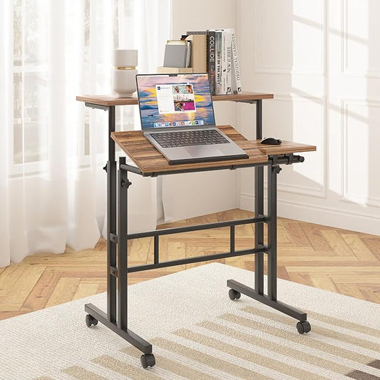 VECELO Mobile Small Standing Desk Adjustable Height, Computer Workstations with Tiltable Tabletop, Lockable Wheels, Portable Rolling Laptop Desk for Home Office, Brown