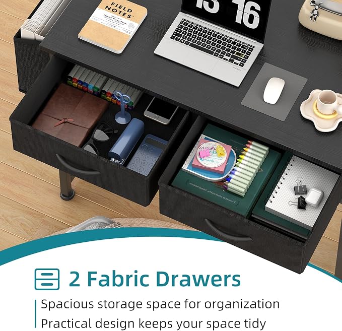 CAIYUN Computer Office Desk for Small Space with Fabric Drawers, Home Office Desk for Bedroom with Side Pocket and Hook, 31 Inch Kid’s Desk, Writing Desk, Study Table and Work Desk, Black