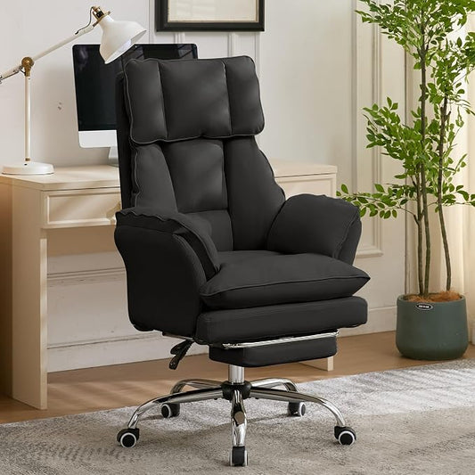Cloud Cross Legged Office Chair with Footrest,Leather Big and Tall Executive Ergonomic Chair, Flip Armrests for Pets,155° Reclining Computer Wide Desk Chair for Home,Office (Black)