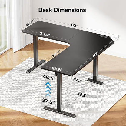 HUANUO Electric L Shaped Standing Desk, 63" x 63" Height Adjustable Corner Standing Desk with Built-in Power Outlets & Power Strip Holder, Sit Stand Up Table with 4 Preset Heights, Black