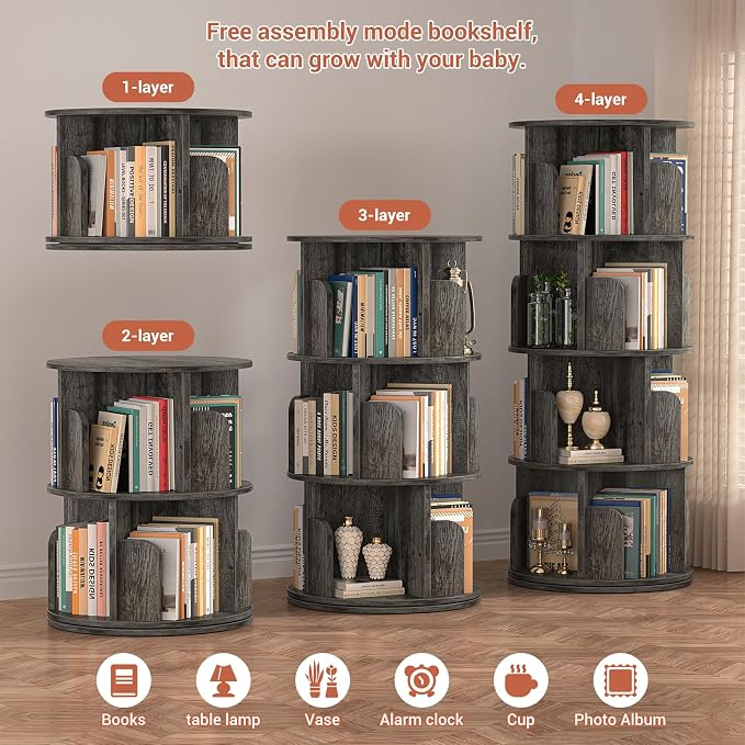 Besiost Rotating Bookshelf, Wood Corner Bookshelf, 360 Display Spinning Bookcase Storage Rack, 4 Tier Floor Standing Revolving Bookcase Narrow Book Shelf Organizer for Small Space, Bedroom, Grey Oak