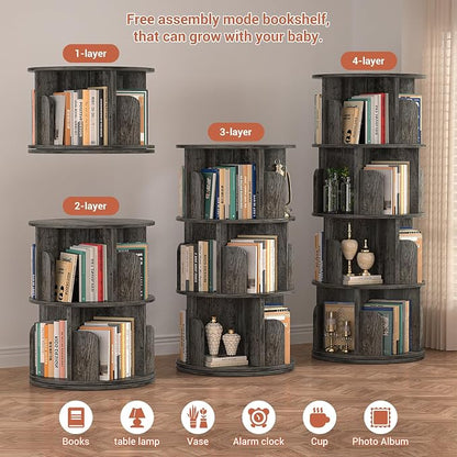 Besiost Rotating Bookshelf, Wood Corner Bookshelf, 360 Display Spinning Bookcase Storage Rack, 4 Tier Floor Standing Revolving Bookcase Narrow Book Shelf Organizer for Small Space, Bedroom, Grey Oak