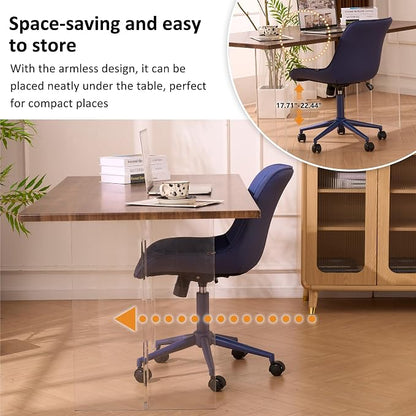 YOUNIKE Faux Leather Ergonomic Office Chair Armless Comfy Desk Chair with Rocking Back Cute Swivel Vanity Chair with Wheels Height Adjustable Small Computer Task Chair for Sewing Drafting Navy Blue